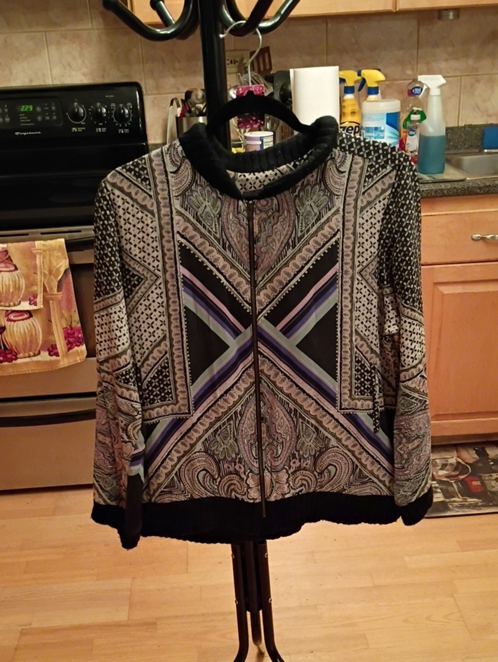 Myne Black and Lavender Patterned Zip-Up Blazer